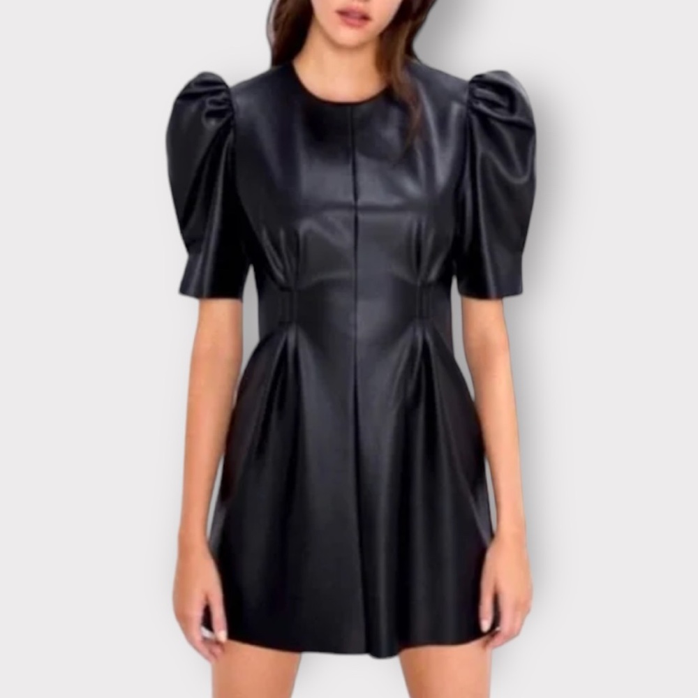 ZARA Vegan Leather Puff Sleeve Mini Dress - Picture 1 of 5